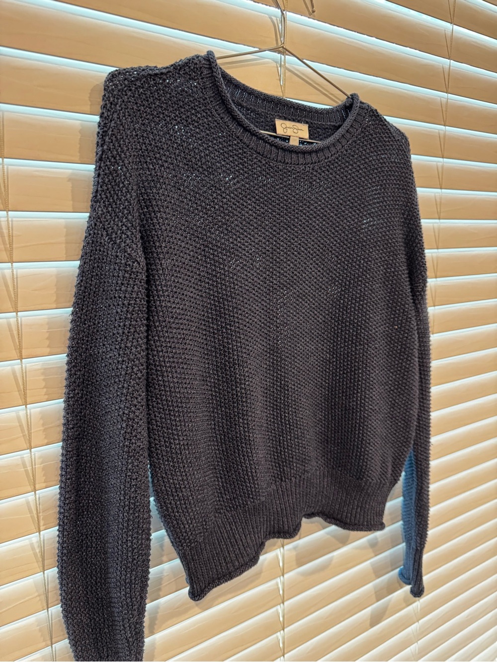 Jessica Simpson Roll Neck Sweater Navy Blue Fisherman Coastal Professor